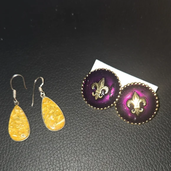 Purple and Gold Fleur-de-Lis Earrings Plus Gold Stone Danglers - Picture 1 of 3